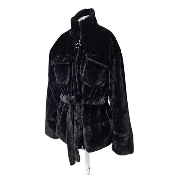 Forever 21 Fluffy Faux Fur Tie Waist Wide Sleeve Zip Up Jacket Black Size Small - Picture 3 of 7